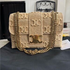 Celine Medium Raffia Victoire Crossbody Bag with Gold Chain